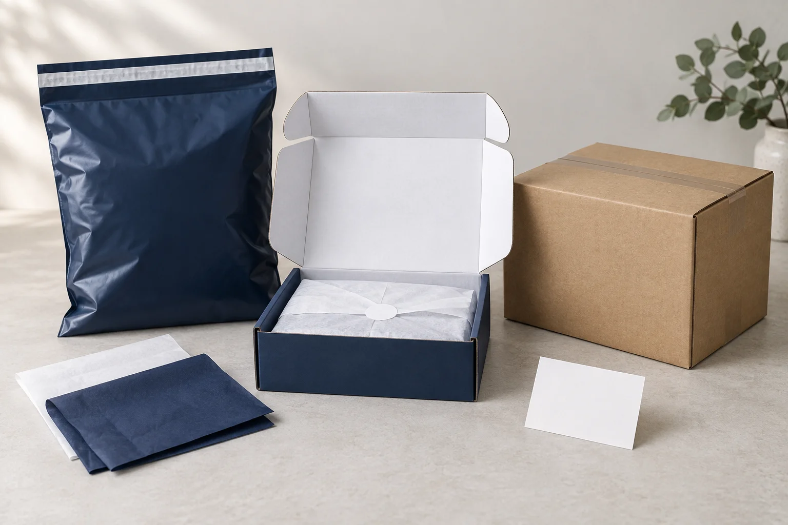 AI-generated illustration of a courier bag, mailer box and shipping carton