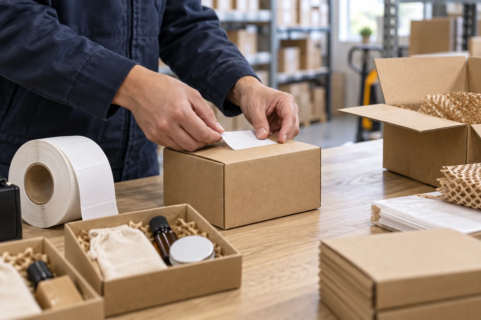 AI-generated illustration of product labelling at a packing workbench