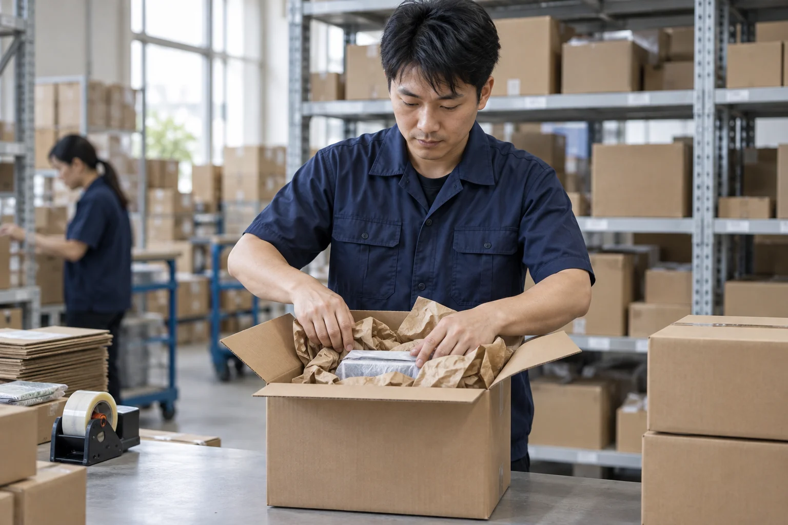 AI-generated warehouse order-packing scene